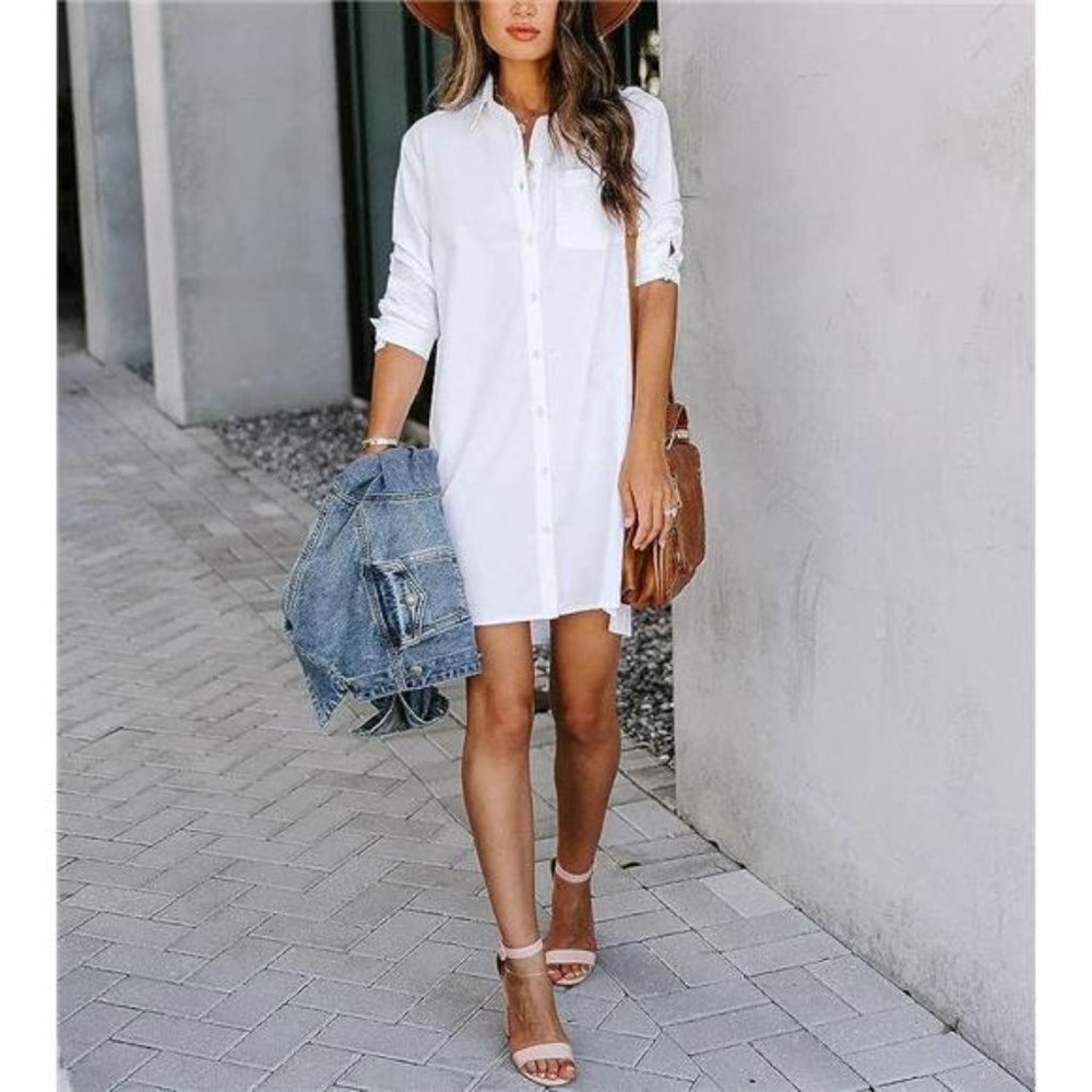 Women's Casual Loose Fit Long Sleeve Solid Striped Button Down Shirt Dress White - Picture 4 of 7